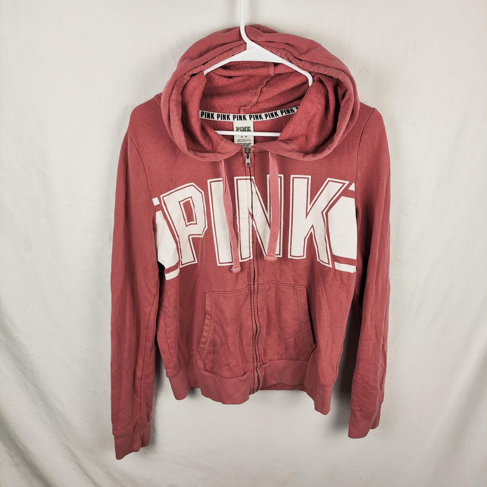 Victoria's Secret PINK Hoodie Womens Medium Pink Full Zip Terry Logo Graphic